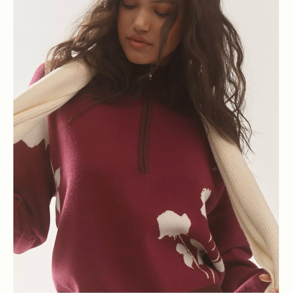 Anthropologie Burgundy and Cream Turtleneck Sweater